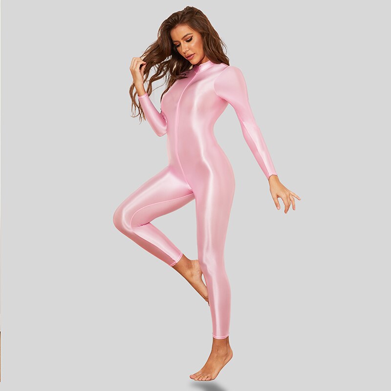 Shiny Satin Sexy Body Suits Women Long Sleeve Bodysuit Full Length One-piece Tights Silky Smooth Zipper Open Crotch Rompers