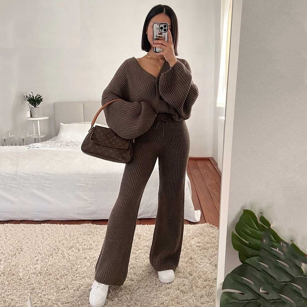 Women’s Knitted Pants Tracksuits V-neck Button Up Sweaters Jumpers Cardigans+Wide Leg Trousers 2 Pieces Sets Knitwear