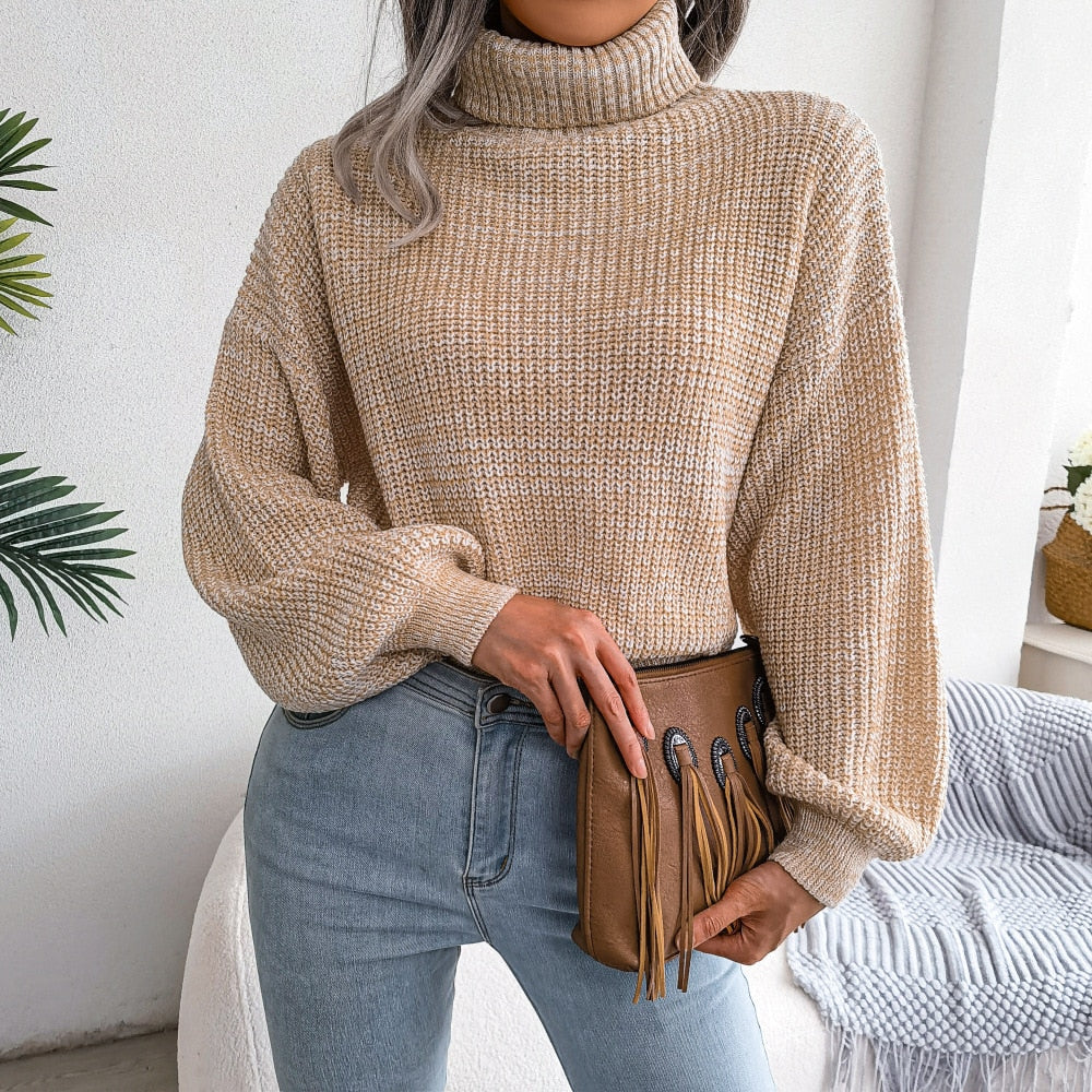 Women Fall Winter Mixed Color Lantern Long Sleeve Turtleneck Knit Loose All Match Sweater For Fashion