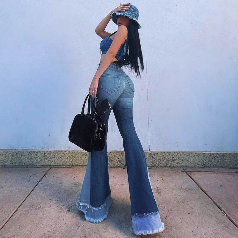 Woman Flare Jeans New High Waist Mom Flared Pants Streetwear New Casual Denim Trousers Dark Blue Bell Bottom Jeans