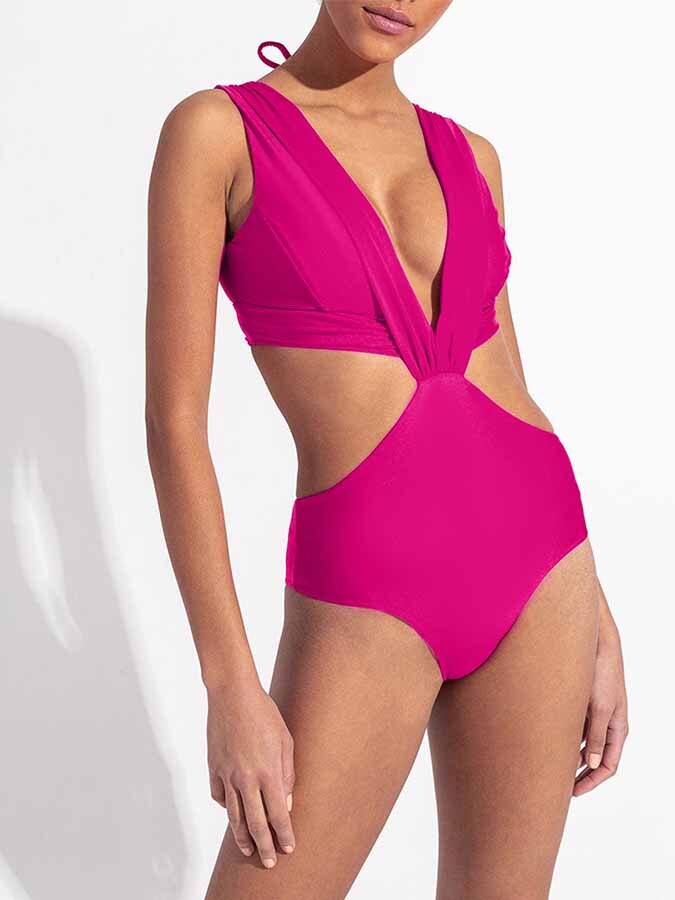 Pink One-piece Swimsuits Halter Beachwear Solid Hollow Out Bikinis and Cover Ups Fashion Deep-v Swimwear Summer Swimming Biquini