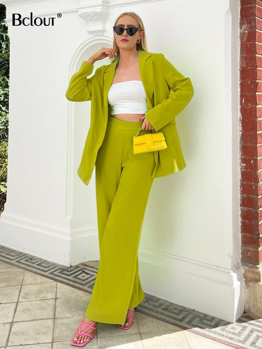 Bclout Autumn Green Pants 2 Piece Sets Womens Outfits Elegant Office Lady Long Sleeve Blazers Fashion Wide Leg Pants Suits 2022