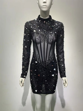 Women Sexy Diamond Shining Rhinestones Bandage Dress Mesh See Through Full Crystals Long Sleeve Bodycon Dress Party Club Stage