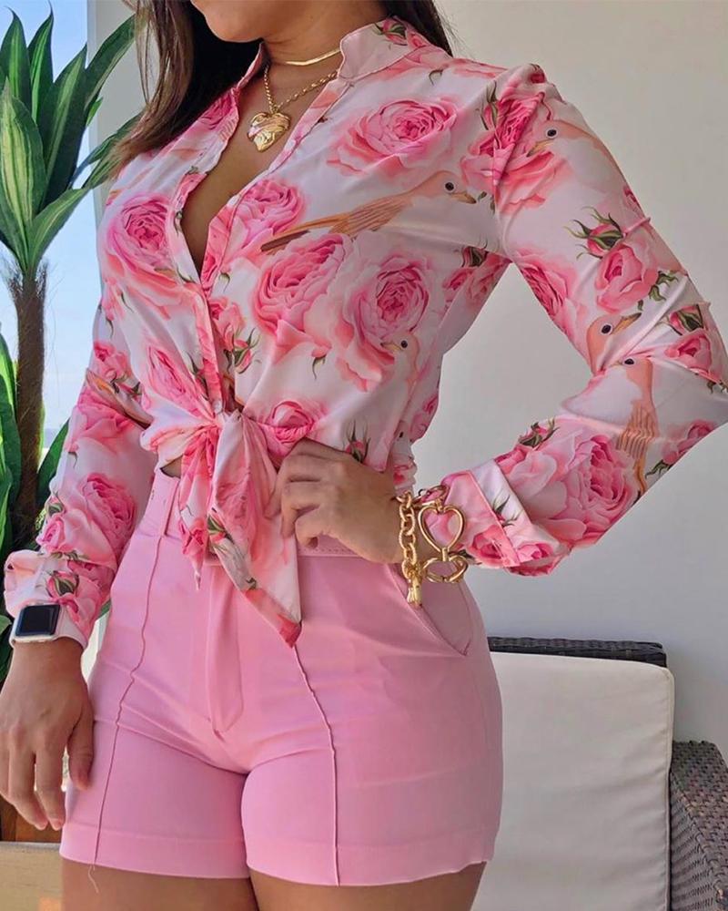 Women Long Sleeve Floral Printed Tie Knot Top Blouse and Shorts Sets Casual Spring Shirts Female