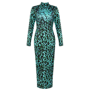 Warm Dress Women Fashion Leopard Print Back Split Midi Celebrity Party Evening Dress Vestido
