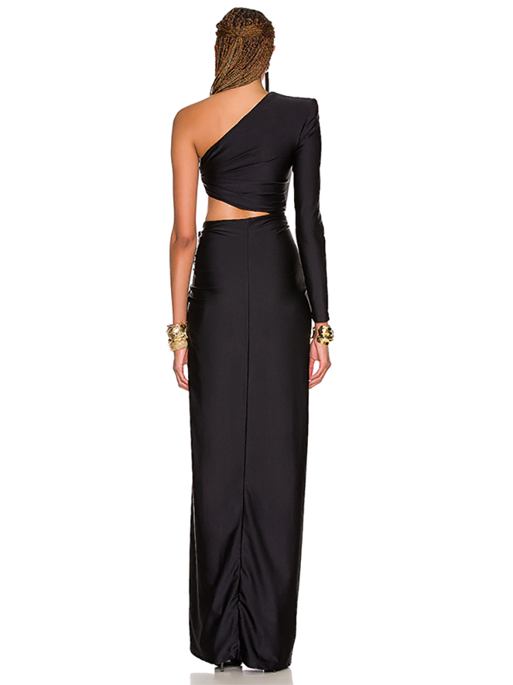 Sexy One Shoulder Long Sleeve Hollow out Long Dress Elegant Black Inclined Shoulder High Split Draped Maxi Dress Party Evening