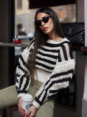 Striped Knit Sweaters Women Fashon Hollow Out Slim Pullover Tops Autumn Winter Elegant Vintage Long Sleeve Sweater Tops