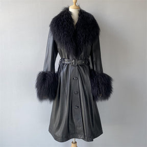 Genuine Leather Long Trench Coat Ladies Autumn Winter Plus Size Sheepskin With Real Fox Fur Collar Outwear