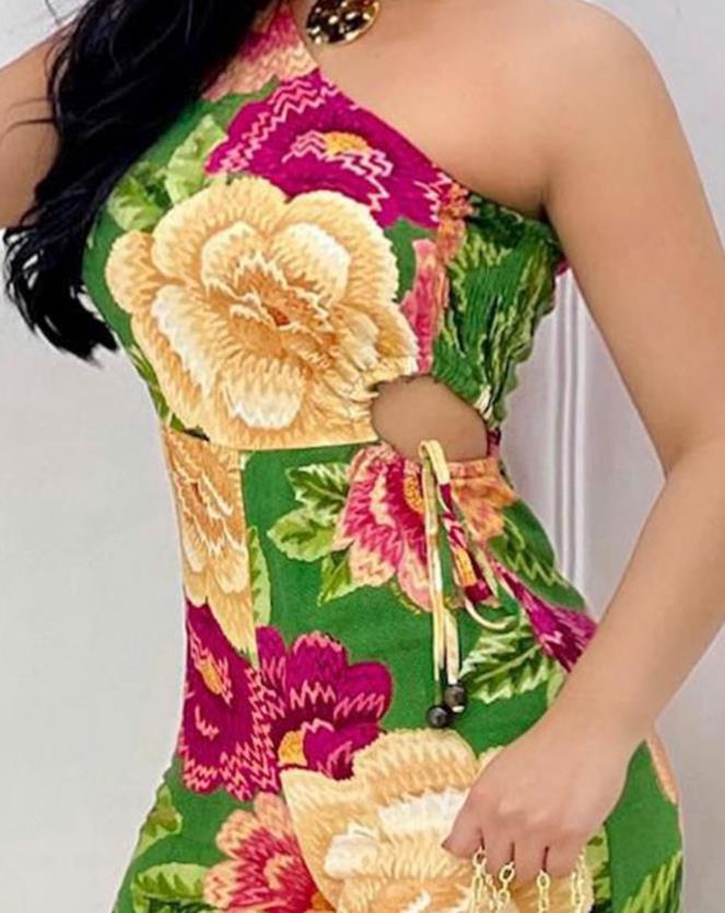 Casual Tropical Print One Shoulder Sleeveless Fashion Loose Wide Leg Jumpsuit