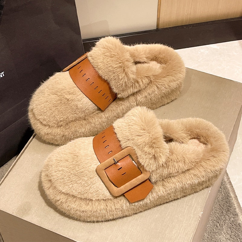 Winter Flats Women Slippers Fur Luxury Buckle Platform Mules Shoes Warm Short Plush Cotton Flip-flops 2022 New Snow Women Boots