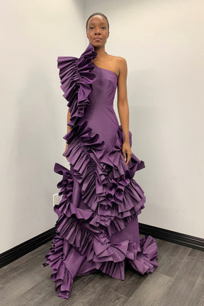 Stunning Dark Purple Tiered Ruffles Mermaid Evening Dresses One Shoulder Ruched Long African Prom Gowns Formal Party Dress