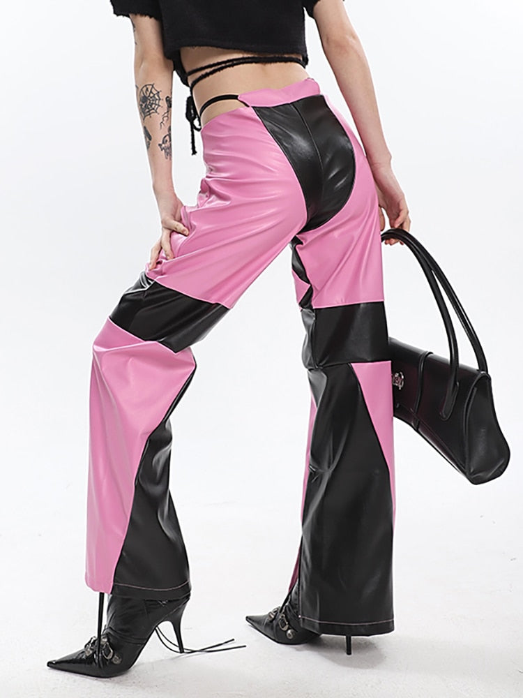 Leather Pants Straight High Waist Patchwork Contrast Color Zipper Trousers Spring 2022 Trend New