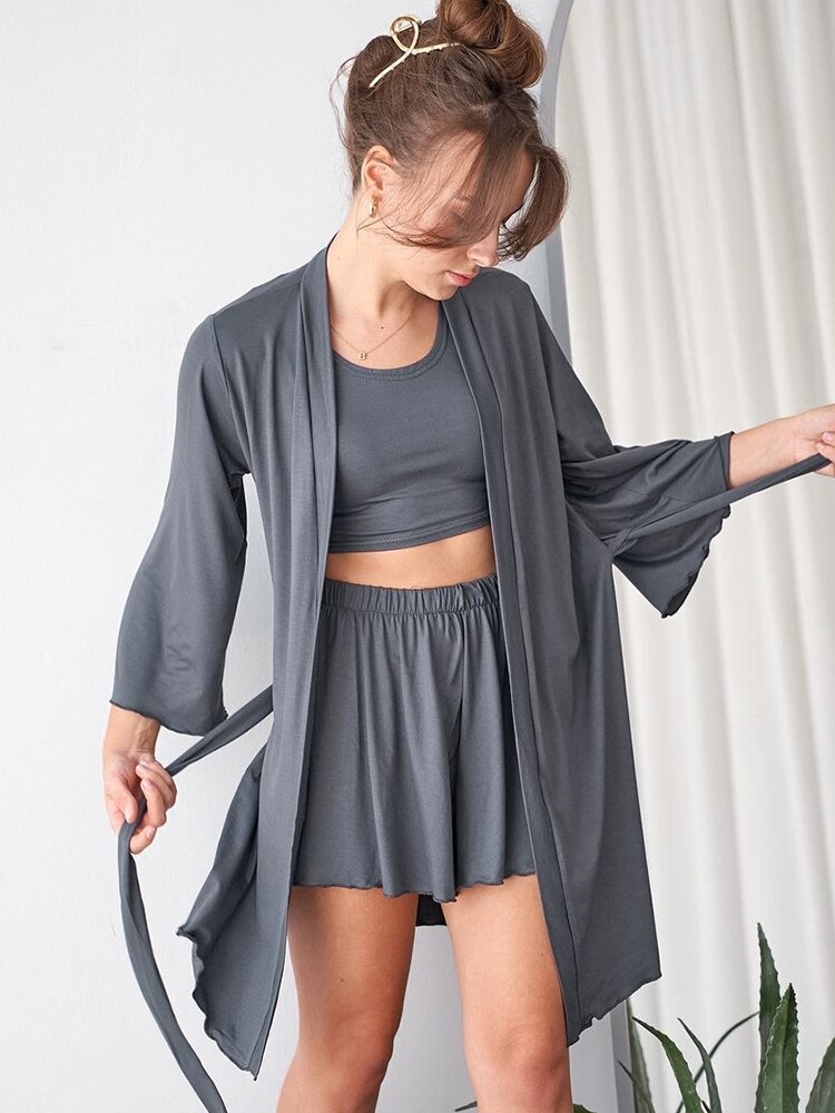 Linad Knitted 3 Piece Sets Women&#39;s Nightwear Three Quarter Sleeve Tops Female Casual Tank Top Loose Suits With Shorts Autumn