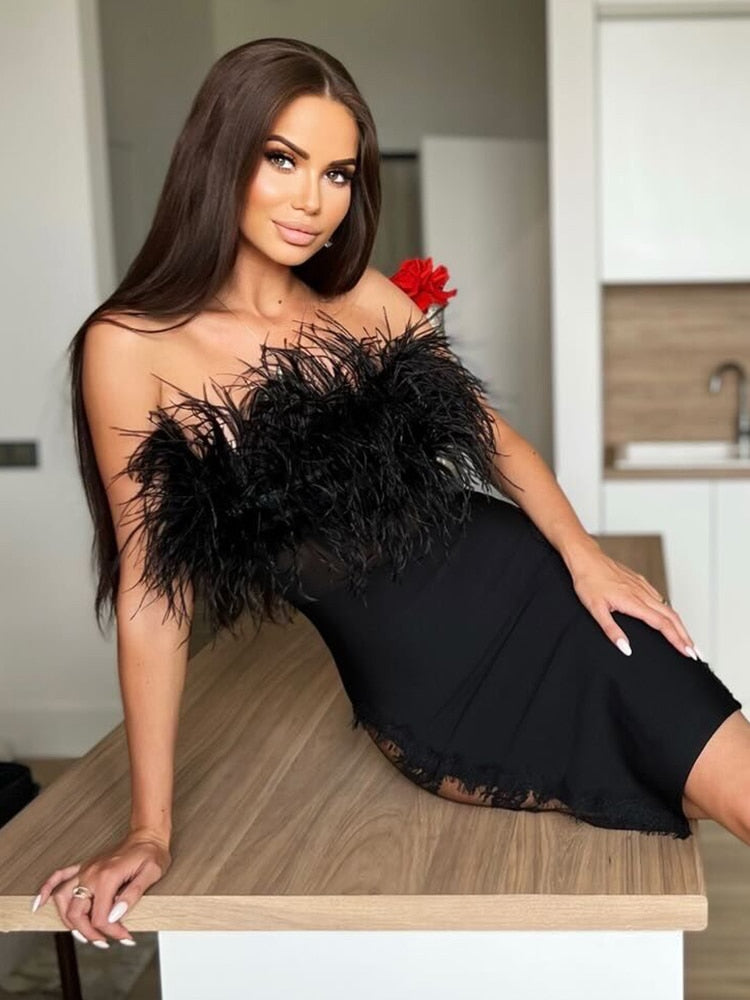 VC Sexy Off Shoulder Feather Bodycon Lace Black Elegant Celebrity Evening Party Midi Bandage Dress Vestidos