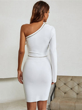 Winter Sexy Long Sleeve Single Beading Sparkly White Mini Women Bodycon Bandage Dress 2022 Elegant Evening Party Dress