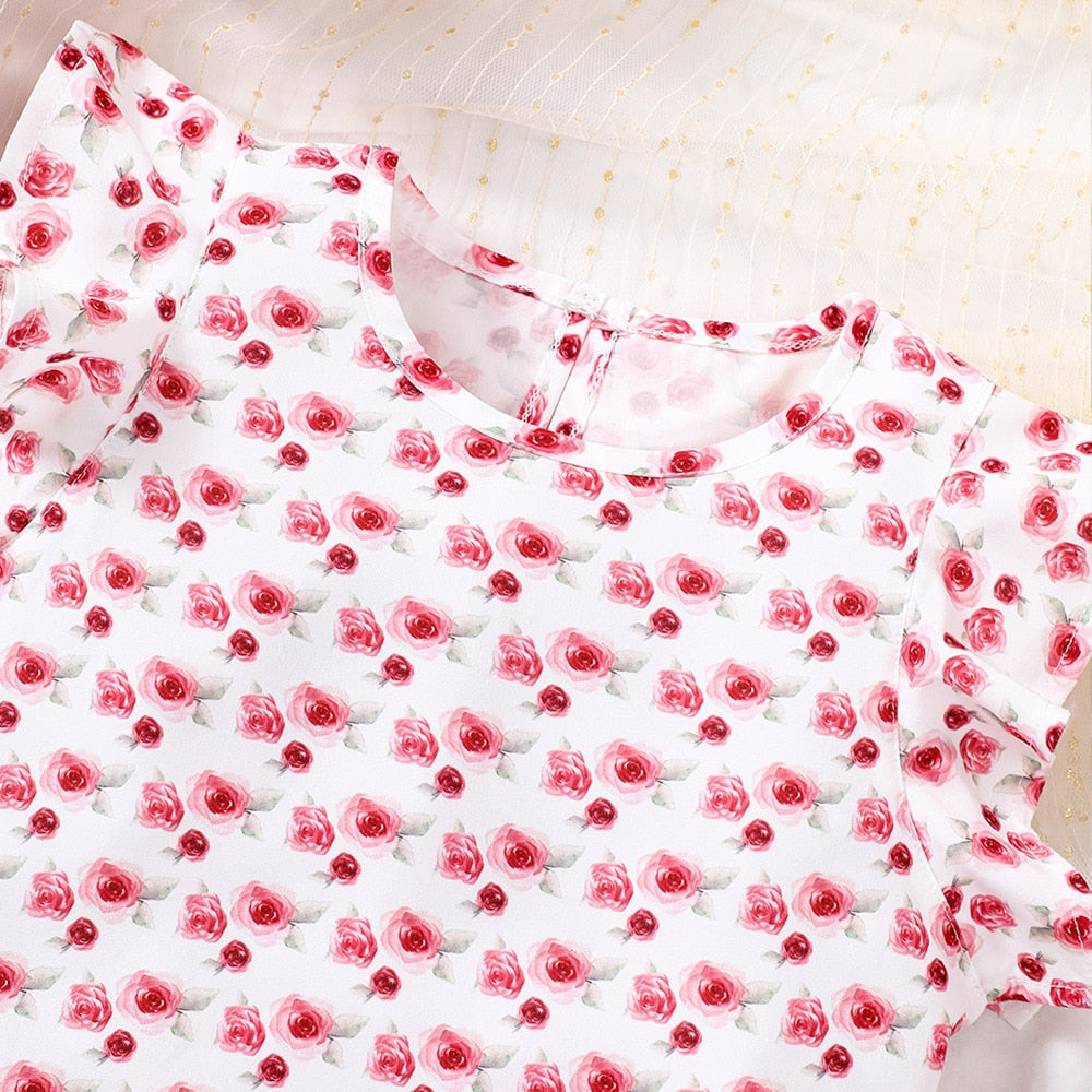 New Summer Children Clothes Girl Set Flower Pattern Flying Sleeve Top+Shorts