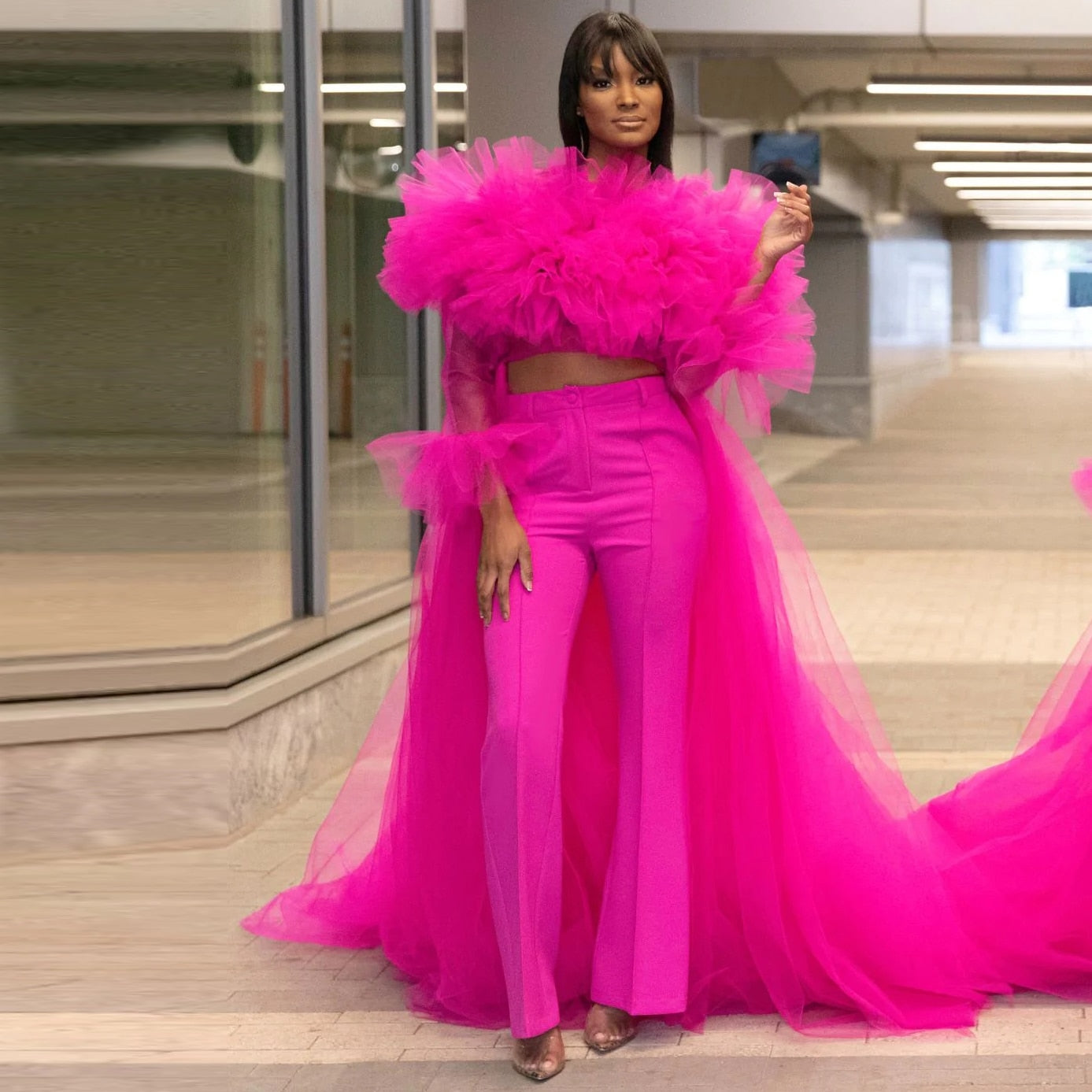 Fashion Hot Pink Women Pant Set To Party See Thru Full Sleeves Ruffles Tulle Blouse With Loose Pant Maxi Women Dress
