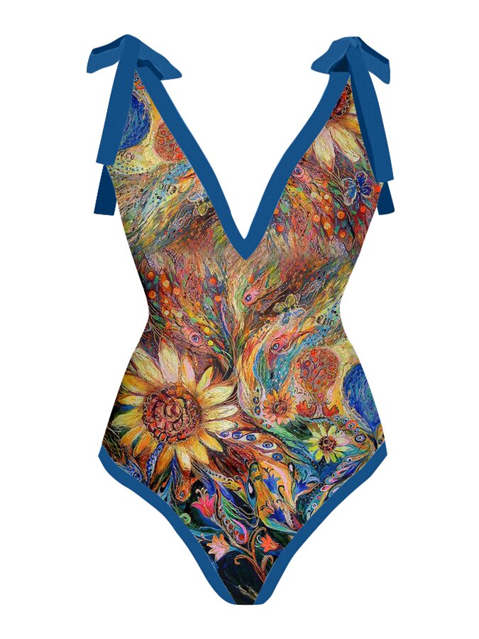 Women Bathing Suit Vintage Abstract Print Bikini Set One Piece Swimsuits with Cover Up Deep-v Beachwear Summer Swimming Swimwear