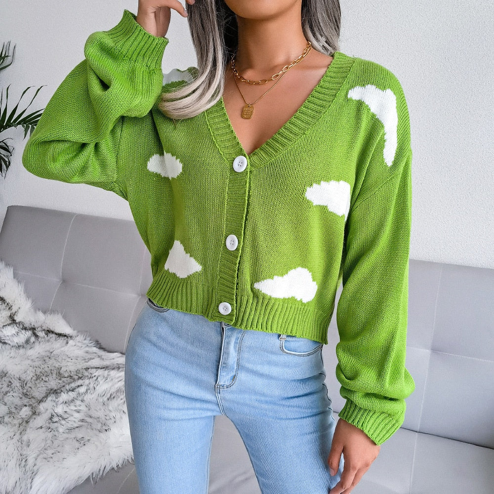 Casual Knitted Sweater Oversize White Cloud Printing Long Cardigan Women Fashion Clothing Streetwear
