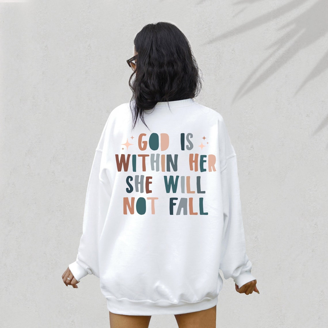 colored god is within her she will not fall Sweatshirt vintage women long sleeve jumper christian bible pullovers