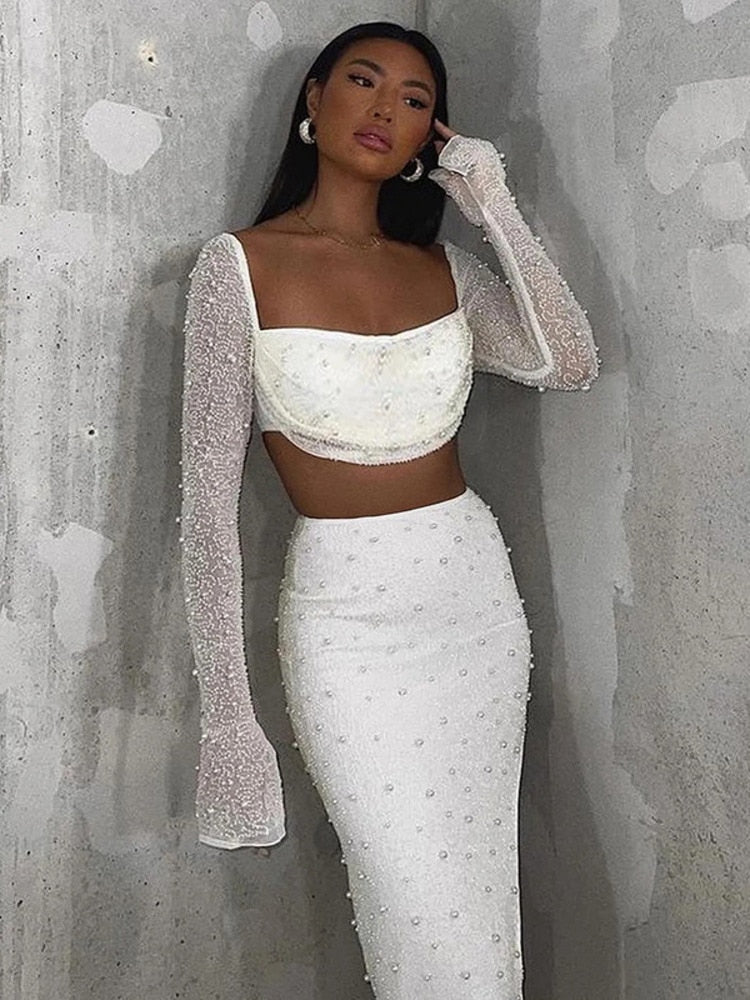 Pearl Sexy Dress Sets Women Square Collar Full Sleeve And Split Skirt Matching Sets Female Club Party Two Piece Set
