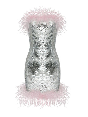 Women Summer Sexy Strapless Backless Mesh Sequins Silver Feather Bodycon Custume Dress Elegant Party Performance Dress