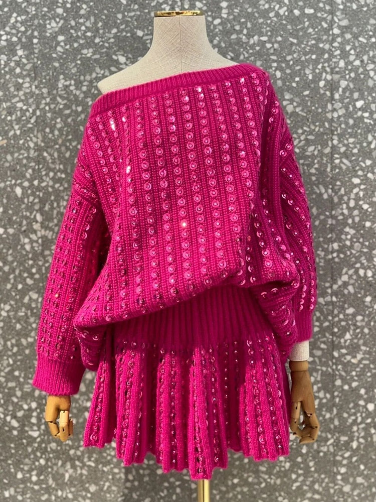 Fashion Designer Sweater Women Slash Neck Glitter Sequined Beaded Pullover Sweater Mini Skirt