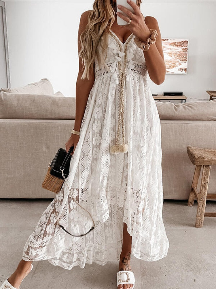 Women Lace V Neck Spaghetti Strap Dress