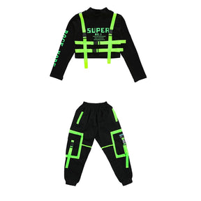 Girls Hip Hop Cargo Pants Goth Crop Top 2 Pcs Set Sweatshirt Children Street Dance Clothing Kids Jazz Gothic Costumes Streetwear