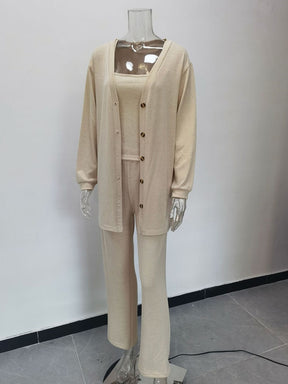 Knitted 3 Piece Sets Women Elegant Strapless Top and Long Pants Suit Single Breasted Long Cardigan Outfits