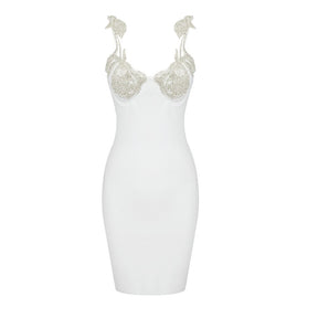 Woman Sexy V Neck Chic Crystal Design Sleeveless Bandage Short Black White Dress For Celebrity Party Wear