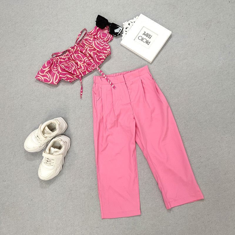 Pink Baby Kids Girls Fashion Clothing Sets Off Shoulder Crop Tops+Mop Pants Child Streetwear Clothes Outfits For Toddler Girl 8y