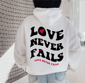 Love Never Fails Aesthetic Oversized Hoodie for Valentine positive Trendy Quotes Christian pullovers heart graphic wamer tops