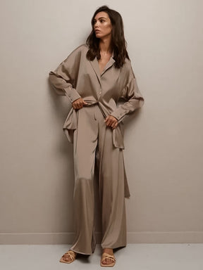 Linad Palazzo Pants Women&#39;s Pajamas Set Turn Down Collar Robes With Belt Long Sleeves Sleepwear Pure Color Satin Home Suit 2022
