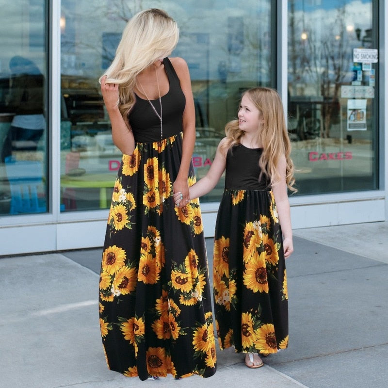 Sleeveless Mother and Daugther Dress Family Matching Outfits Floral Patchwork Women Girls Dresses Mommy and Me Clothes