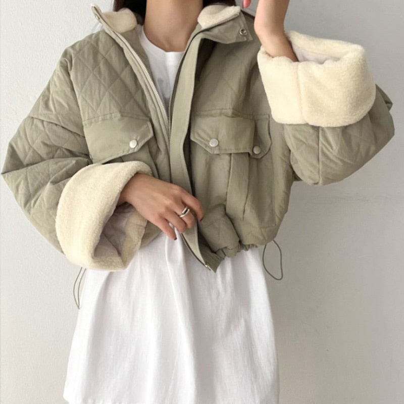 Blue Fashion Diamond Warm Jacket Patchwork Lamb Wool Baggy Straight Coat Vintage Casual Female Puffer Comfortable Outwear Winter