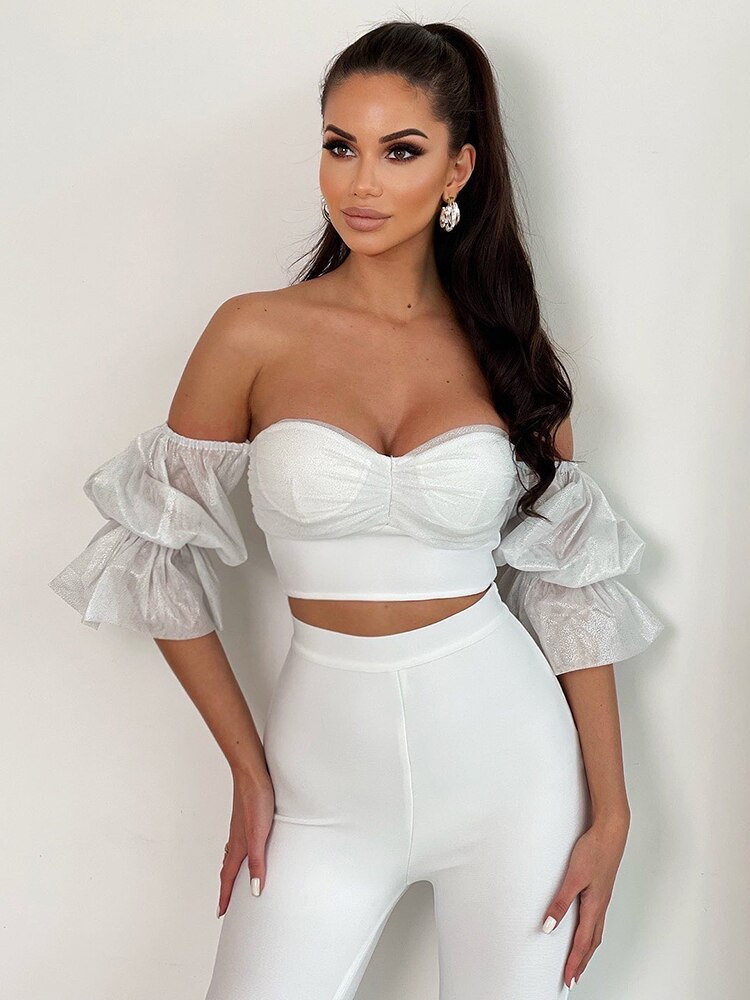 VC White Two Pieces Set Women Trendy Sparkle Sleeves Design Ruffles Puff Sleeves Off Shoulder Celebrity Party Club Tops Pants