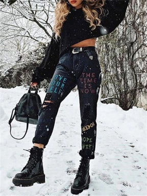 Woman Letter Graffiti Offset Printing Distressed Denim Pants For Ladies Tight High-waist Nine Bottoming Jean