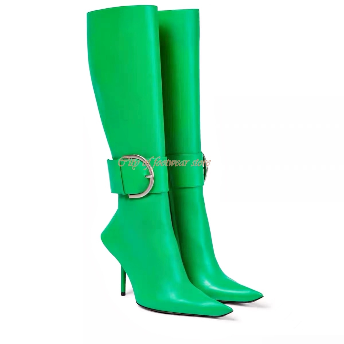 Metallic Pointed Toe Boot in Purple\Green Women Black Stiletto Leather Knee-high Boots