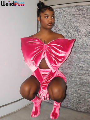 Weird Puss Velvet Elegant Chic 3 Piece Set Butterfly Tops+Gloves+Mini Peach Hip Skirts Matching Birthday Prom Party Clubwear