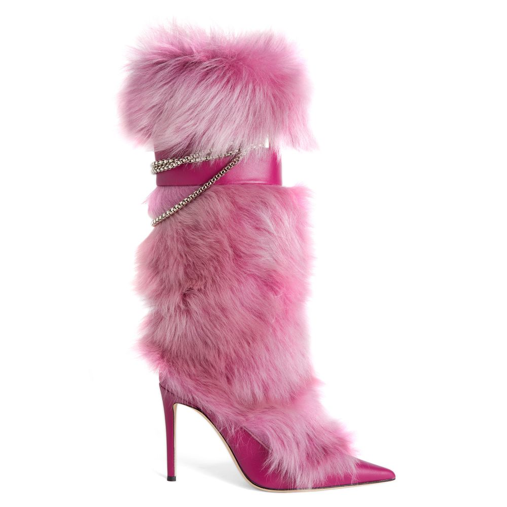 Pointy Toe Knee High Fuchsia Chain Fur Boots Sexy Luxury Women leather Thin High Heel Buckle Booties Fashion Pink Ladies Shoes