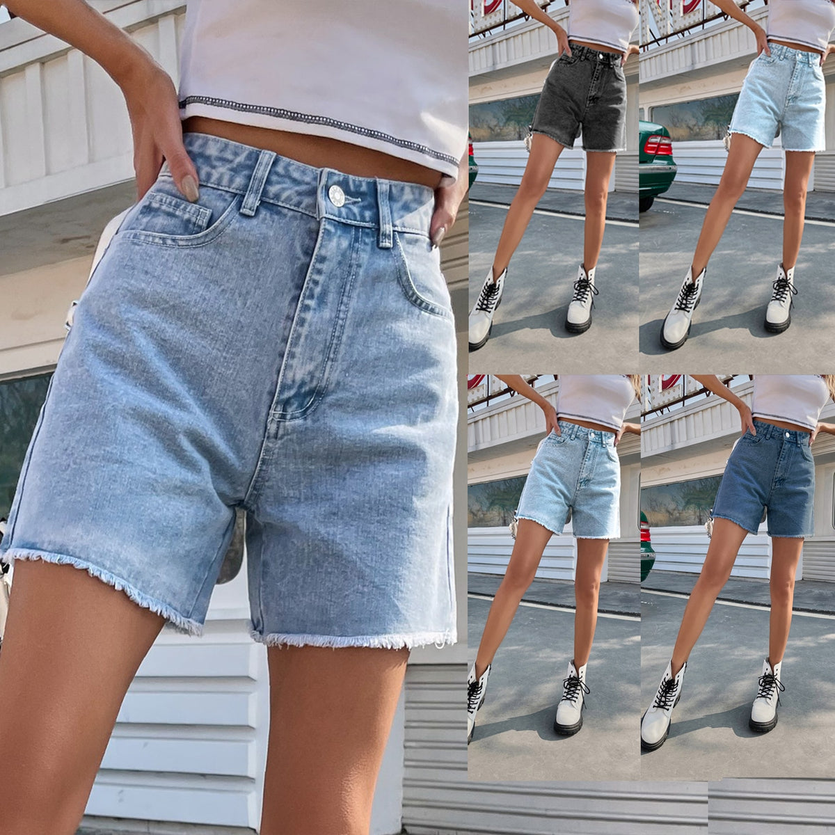 High Waist  Denim Shorts Casual Female Loose Straight Button Jeans Bermuda Shorts