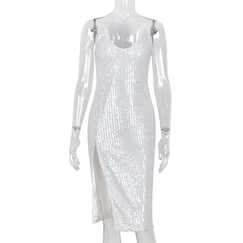 Women Spaghetti Strap Low Cut Sequins Midi Dress Split Glitter Evening Party Bodycon Dresses 2022Fall Nightclub Prom Clothes