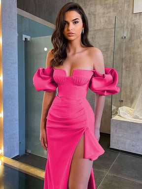 Sexy Off Shoulder Puff Sleeves Bandage Dress Elegant Rose Red Side Slit Draped Midi Bodycon Dress Celebrity Evening Party Club