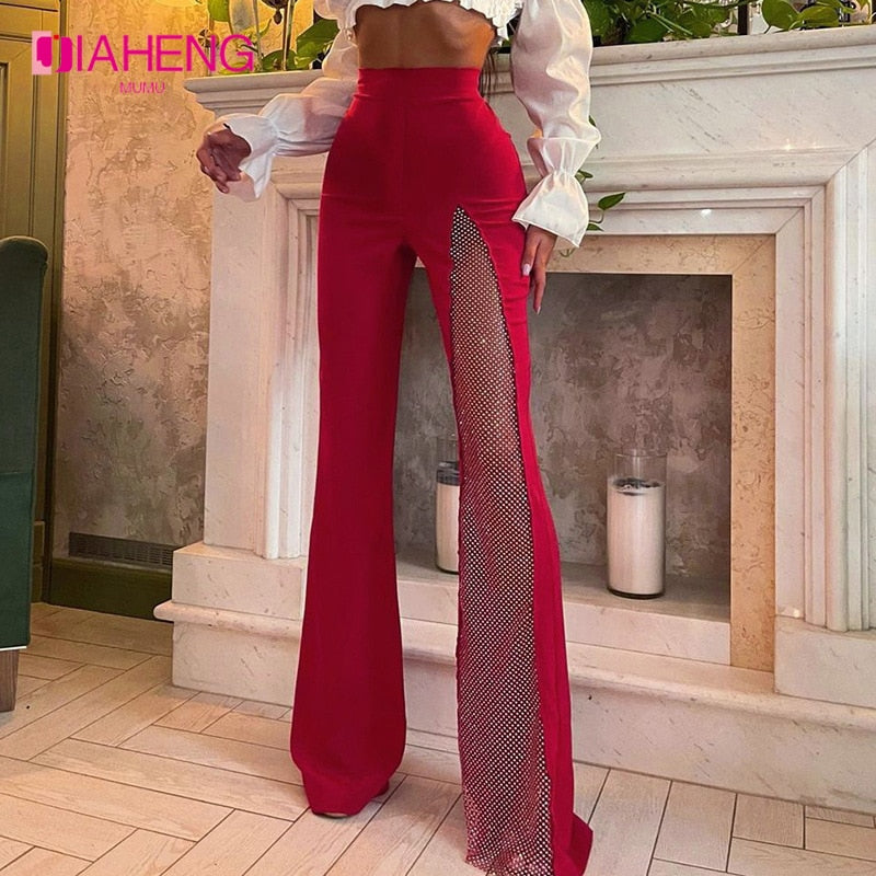 Sexy Slit Gauze High Waist Flare Pants Woman Slim Trousers Female Autumn Elegant Patchwork Stretch Long Pants 2022