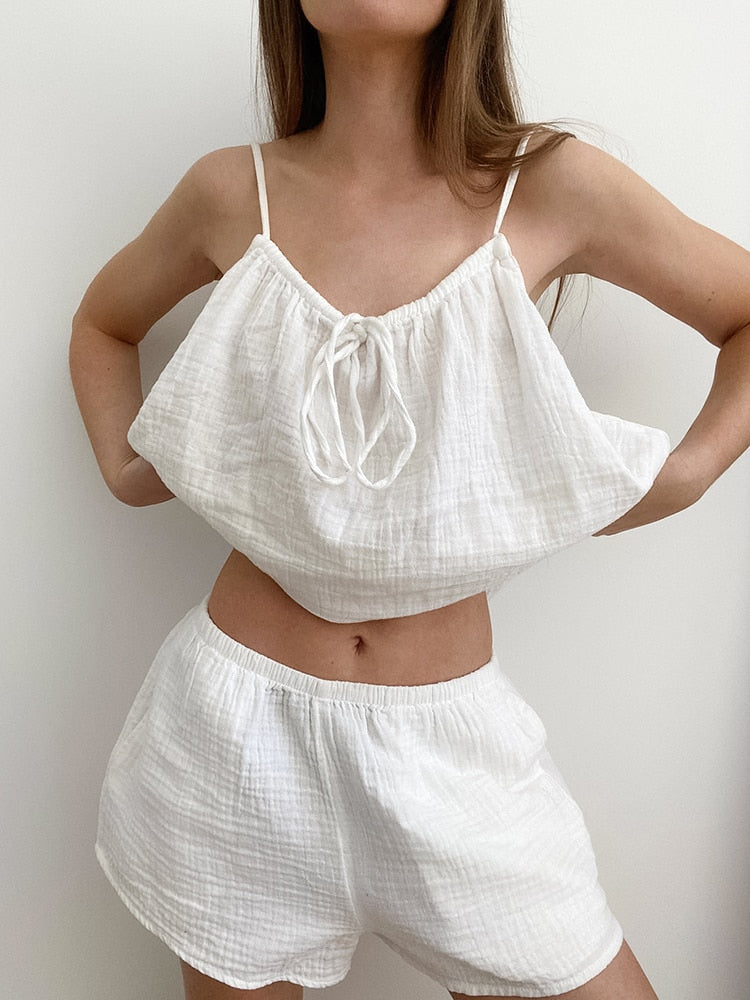 Linad White Pajamas For Women Cotton 2 Piece Sets Loose Spaghetti Strap Sleepwear Female Casual Suits With Shorts Summer 2022