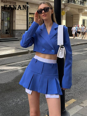 Pleated Skirt Sets for Women Fashion Blue Long Sleeve Blazer Jacket and Mini Skirt Outfit Autumn Winter Y2K Sexy Two Piece Set