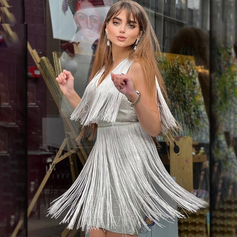 Woman Chic Silver Tassels Mini Dress Sexy V Neck Celebrity Party Bandage Oil Print Dress