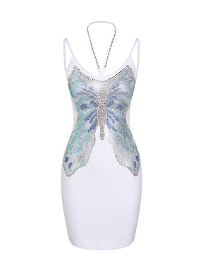 Sexy Spaghetti Strap Beaded Butterfly Bodycon Bandage Mini Dress  White V-Neck Sleeveless Dress Evening Party Club Outfit