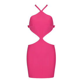 Woman Sexy Bow Backless Design Cut Out Sleeveless Hot Pink Halter Party Club Wear Cocktail Bandage Mini Dress Vestidos